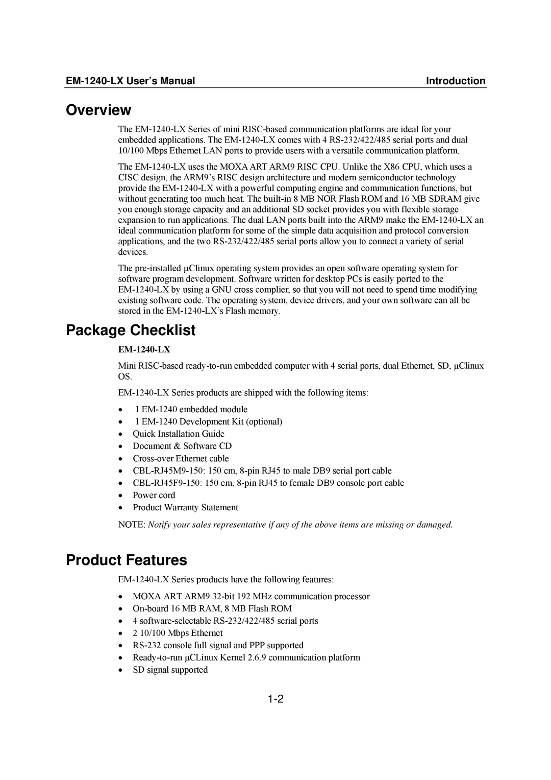 Moxa Technologies EM-1240-LX user manual Overview, Package Checklist, Product Features 