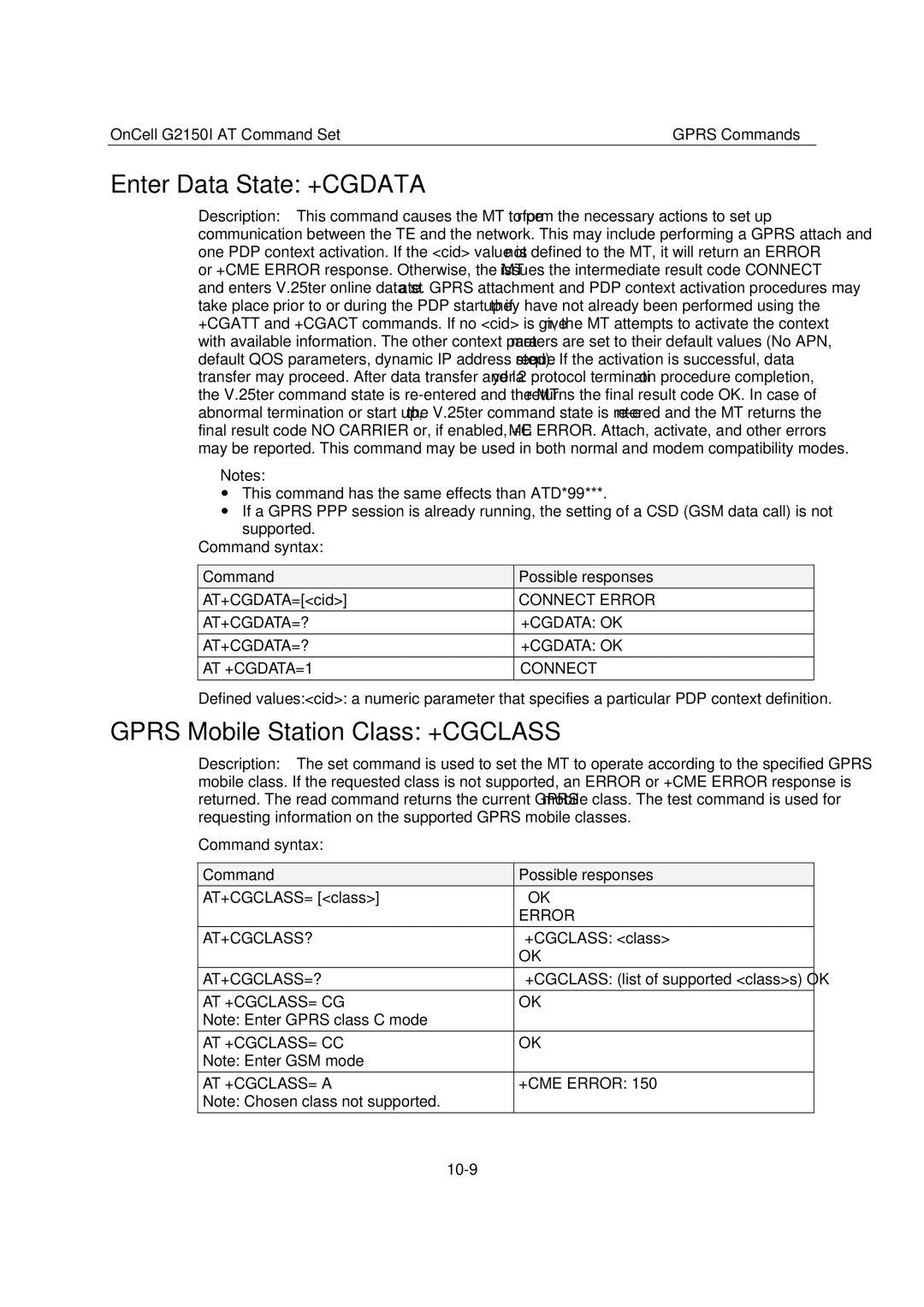 Moxa Technologies G2150I manual Enter Data State +CGDATA, Gprs Mobile Station Class +CGCLASS, 10-9 