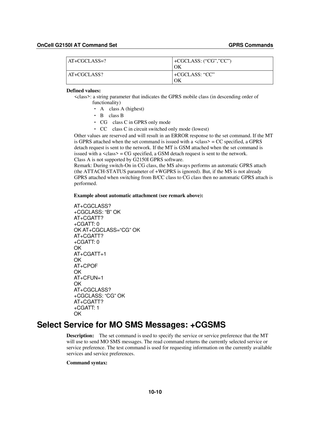 Moxa Technologies G2150I Select Service for MO SMS Messages +CGSMS, At+Cgclass=? +Cgclass Cg,Cc At+Cgclass? +Cgclass Cc 