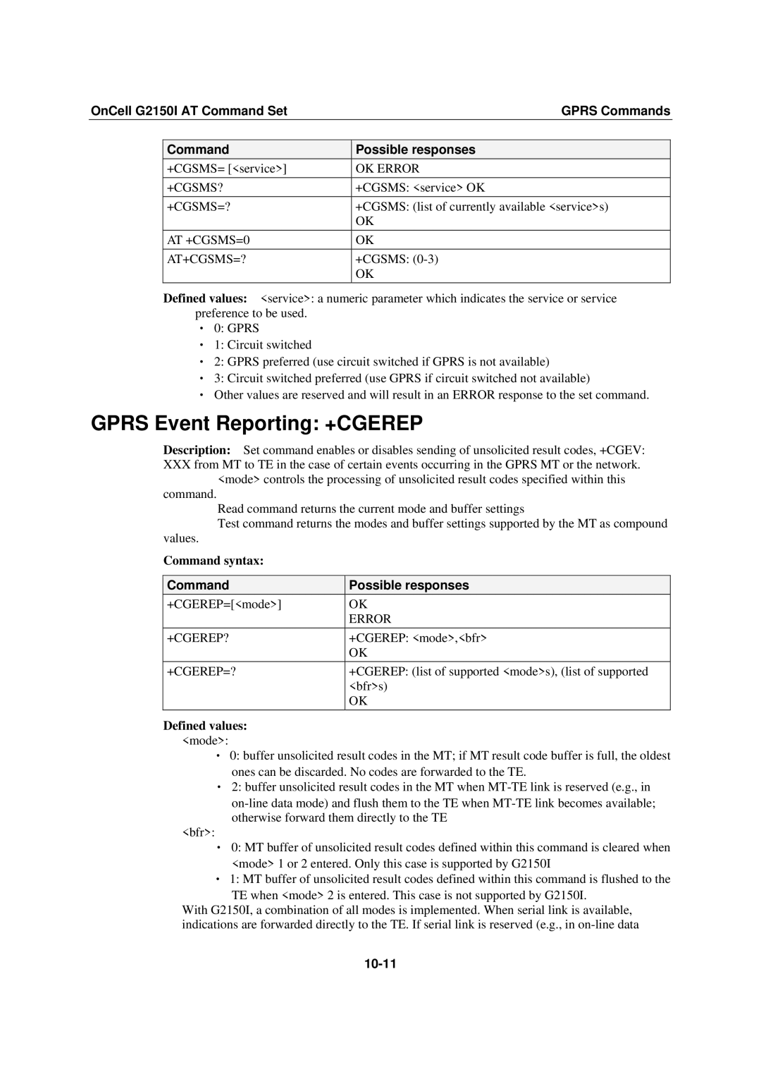 Moxa Technologies G2150I manual Gprs Event Reporting +CGEREP, 10-11 