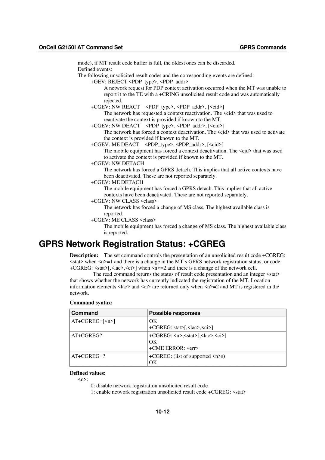 Moxa Technologies manual Gprs Network Registration Status +CGREG, OnCell G2150I AT Command SetGPRS Commands, 10-12 