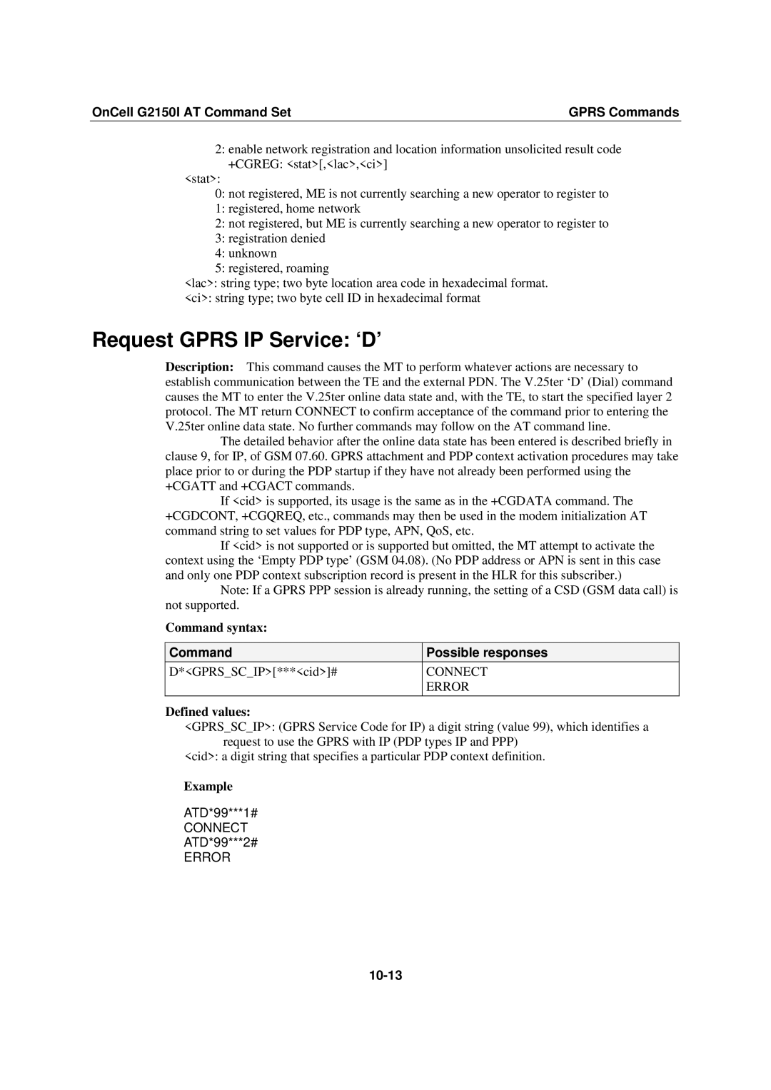 Moxa Technologies G2150I manual Request Gprs IP Service ‘D’, Example, 10-13 