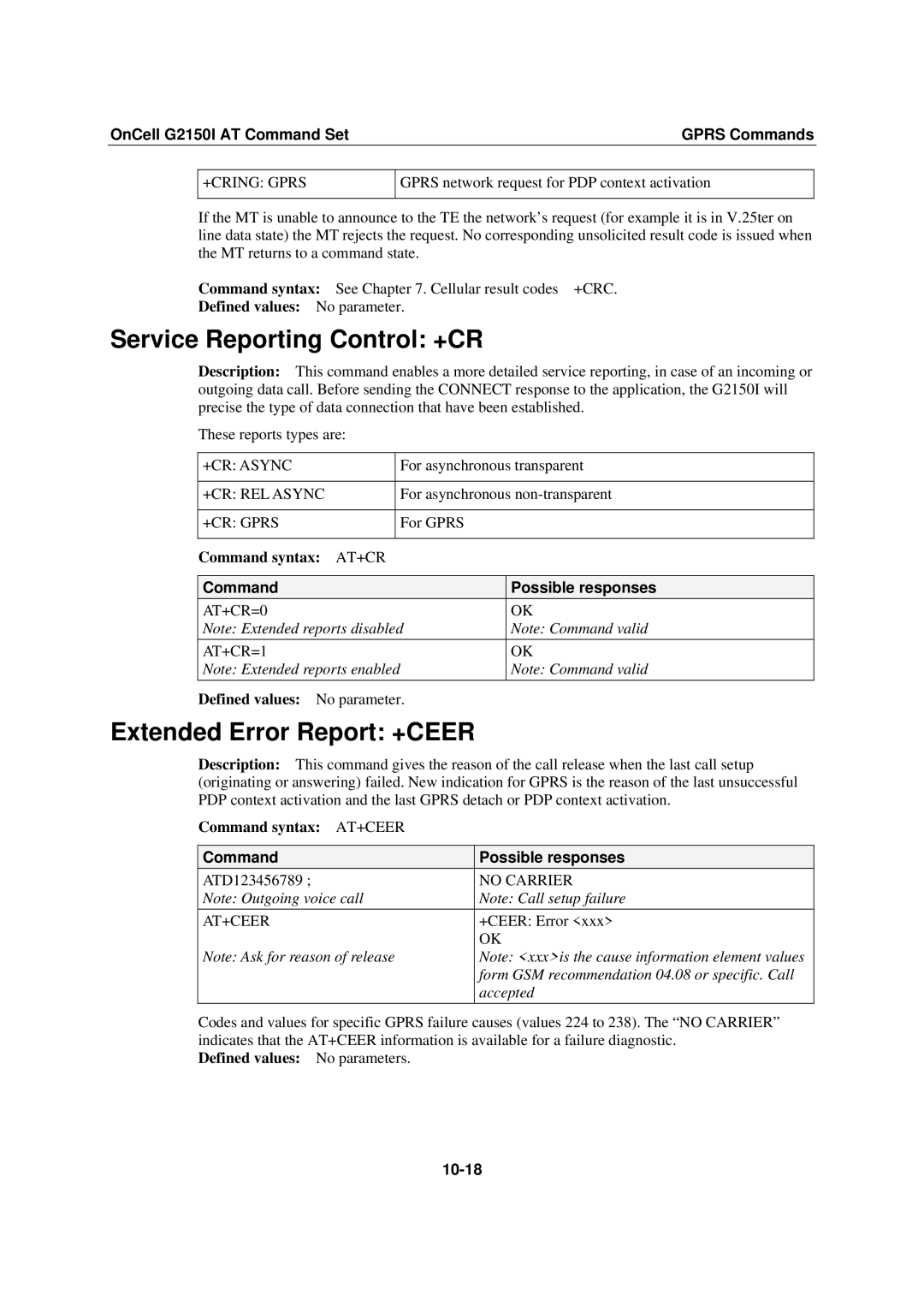 Moxa Technologies G2150I manual Command syntax AT+CR, Form GSM recommendation 04.08 or specific. Call, 10-18 