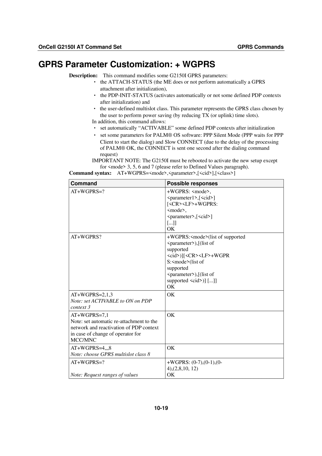 Moxa Technologies G2150I manual Gprs Parameter Customization + Wgprs, Context, 10-19 