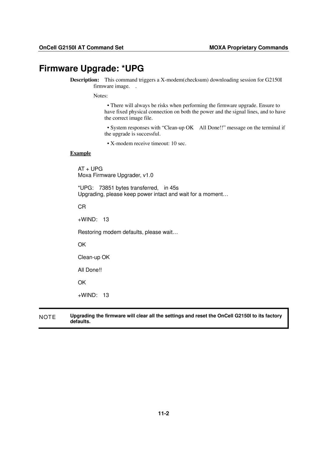 Moxa Technologies manual Firmware Upgrade *UPG, OnCell G2150I AT Command Set Moxa Proprietary Commands, 11-2 