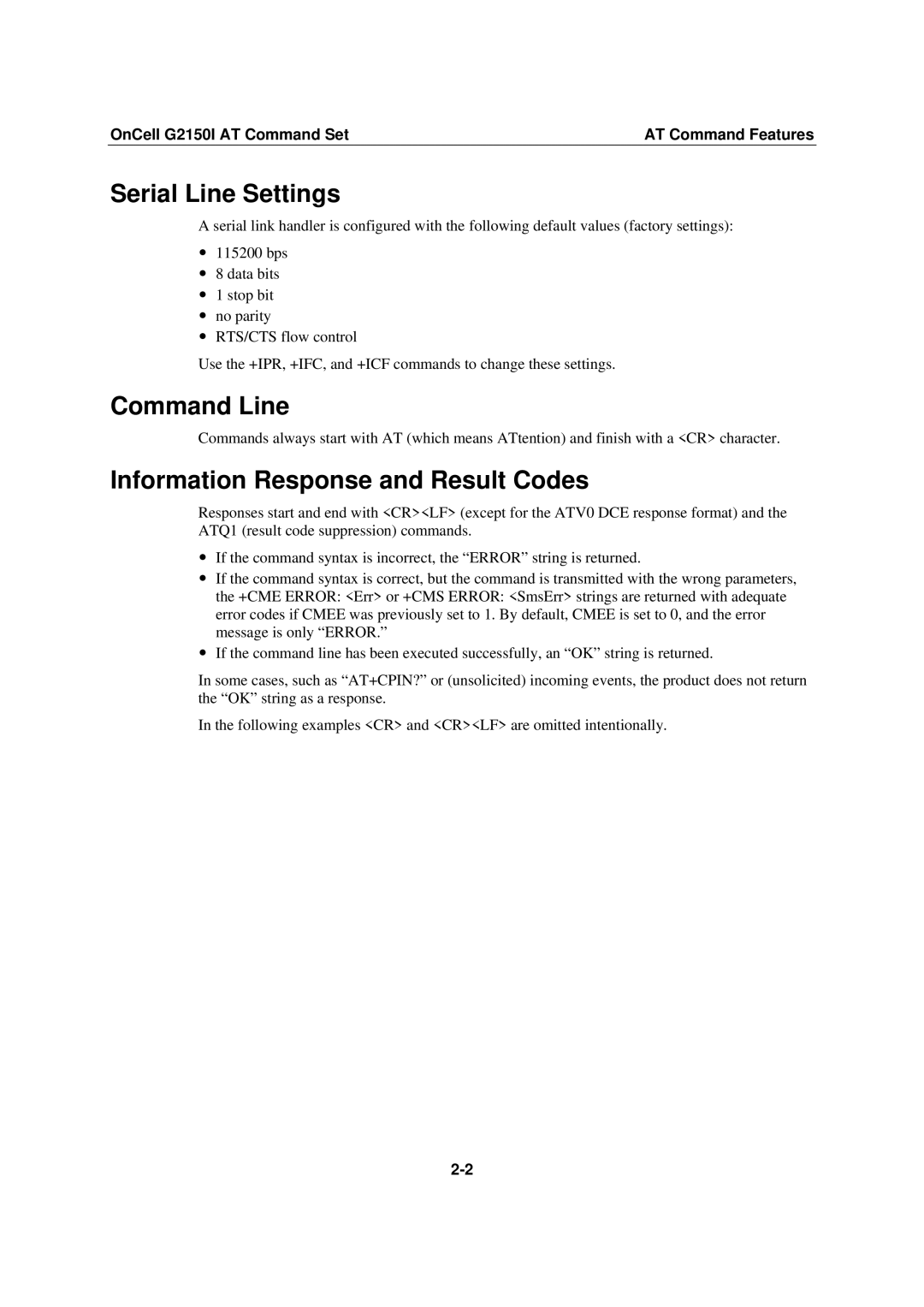 Moxa Technologies G2150I manual Serial Line Settings, Command Line, Information Response and Result Codes 