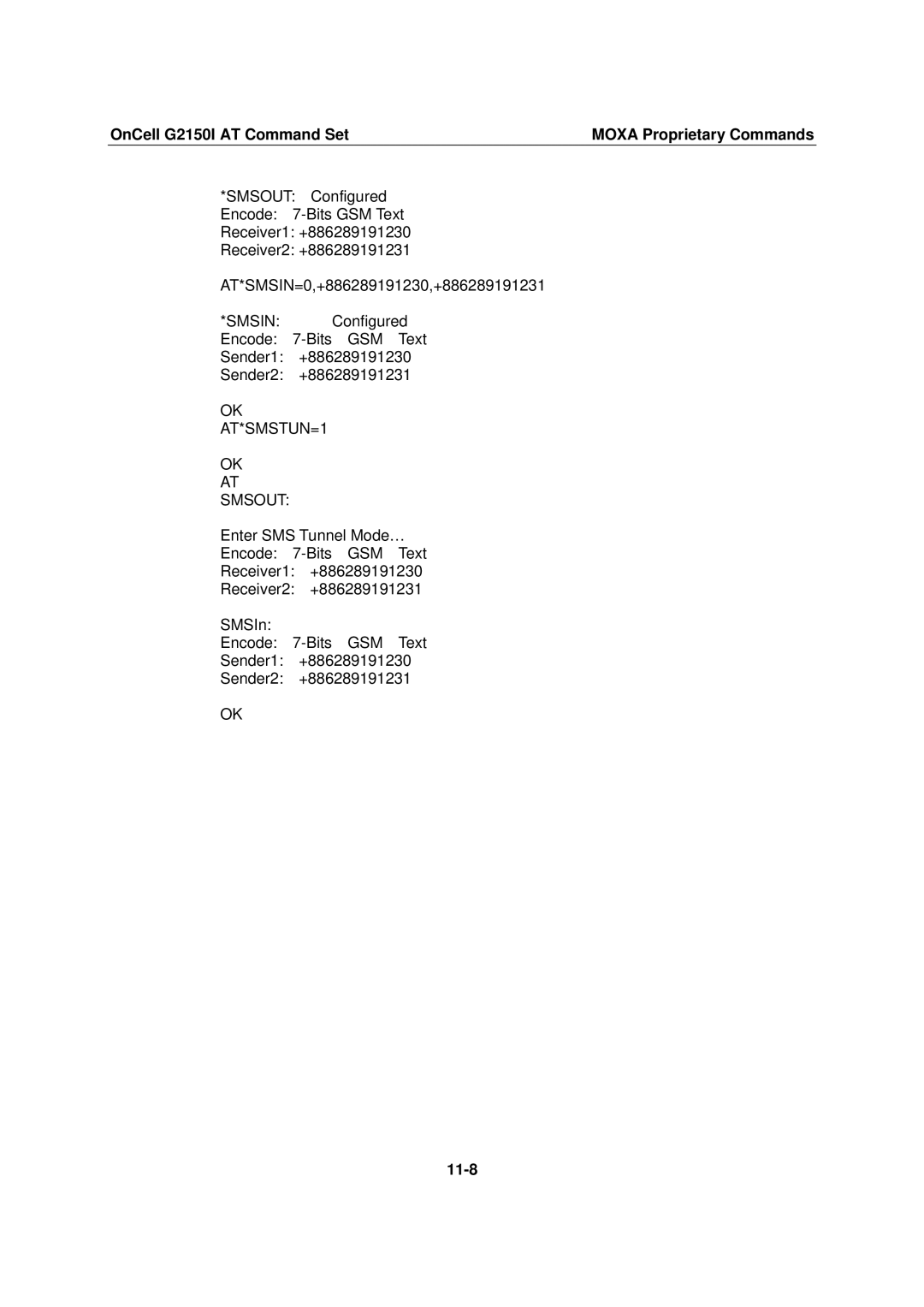 Moxa Technologies G2150I manual AT*SMSTUN=1 Smsout, 11-8 