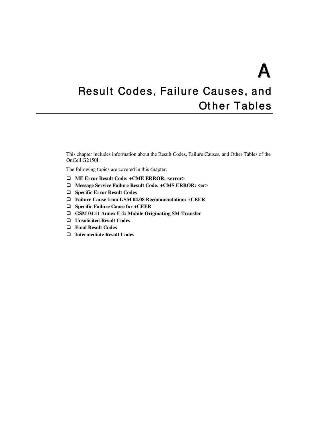 Moxa Technologies G2150I manual Result Codes, Failure Causes, and Other Tables 