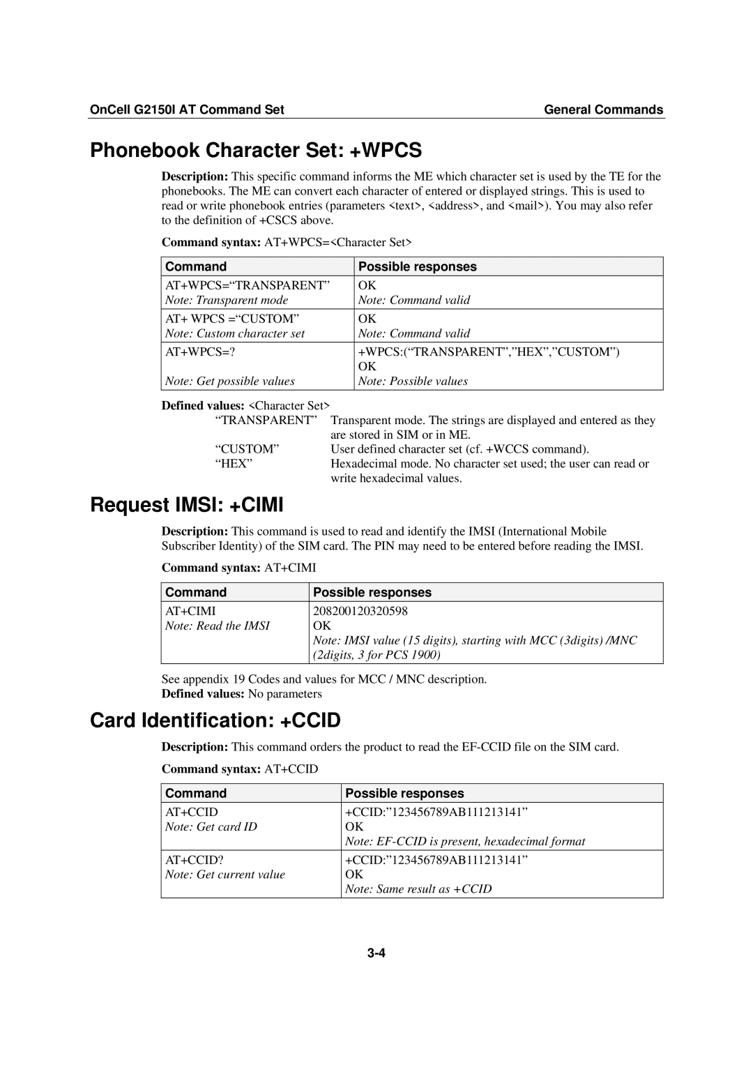 Moxa Technologies G2150I manual Phonebook Character Set +WPCS, Request Imsi +CIMI, Card Identification +CCID 