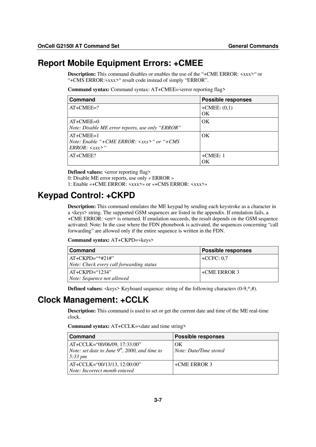 Moxa Technologies G2150I manual Report Mobile Equipment Errors +CMEE, Keypad Control +CKPD, Clock Management +CCLK 