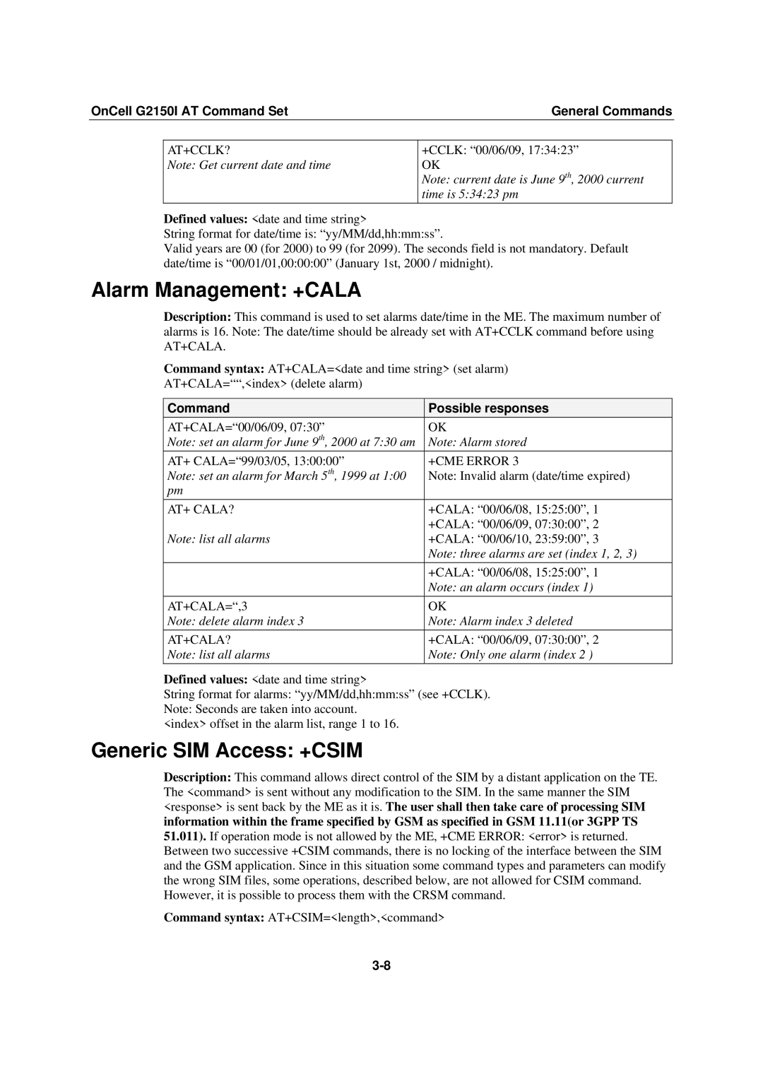 Moxa Technologies G2150I manual Alarm Management +CALA, Generic SIM Access +CSIM, At+Cclk?, At+ Cala?, AT+CALA=,3 AT+CALA? 