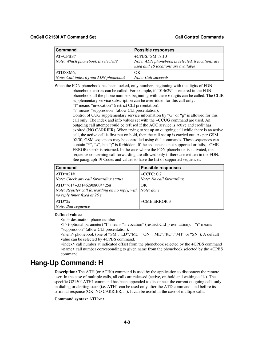 Moxa Technologies G2150I manual Hang-Up Command H, Used and 10 locations are available, No reply timer fixed at 25 s 