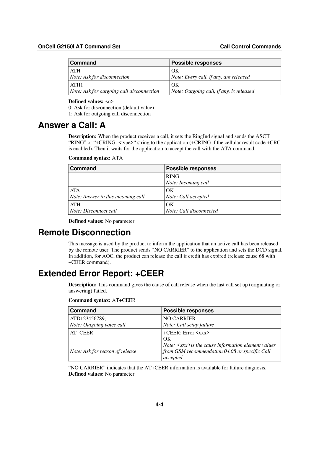 Moxa Technologies G2150I manual Answer a Call a, Remote Disconnection, Extended Error Report +CEER 