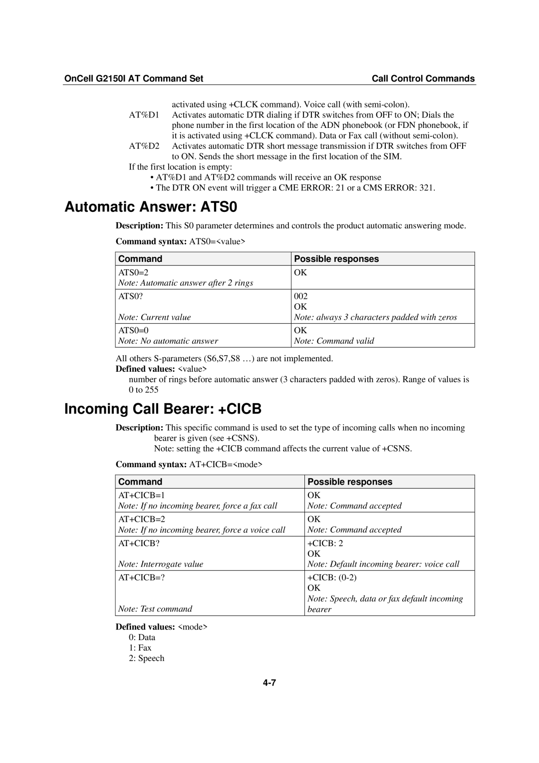 Moxa Technologies G2150I Automatic Answer ATS0, Incoming Call Bearer +CICB, Command syntax ATS0=value, Defined values mode 