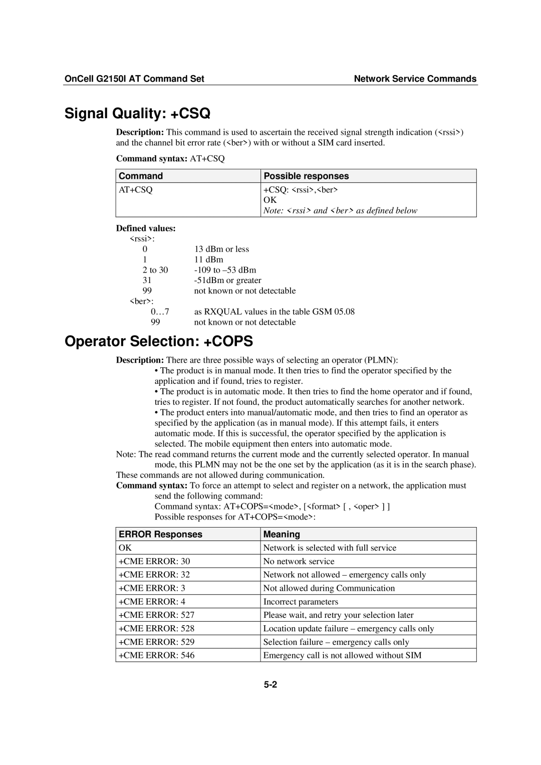 Moxa Technologies G2150I manual Signal Quality +CSQ, Operator Selection +COPS, Error Responses Meaning 