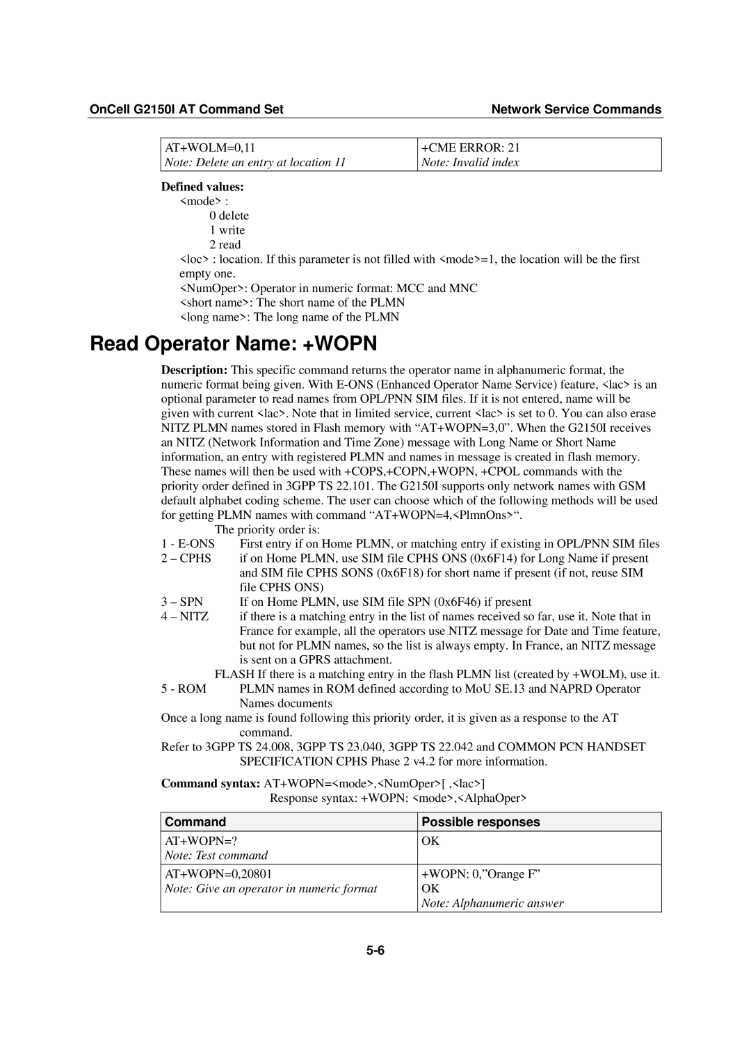 Moxa Technologies G2150I manual Read Operator Name +WOPN, Cphs, Rom, At+Wopn=? 