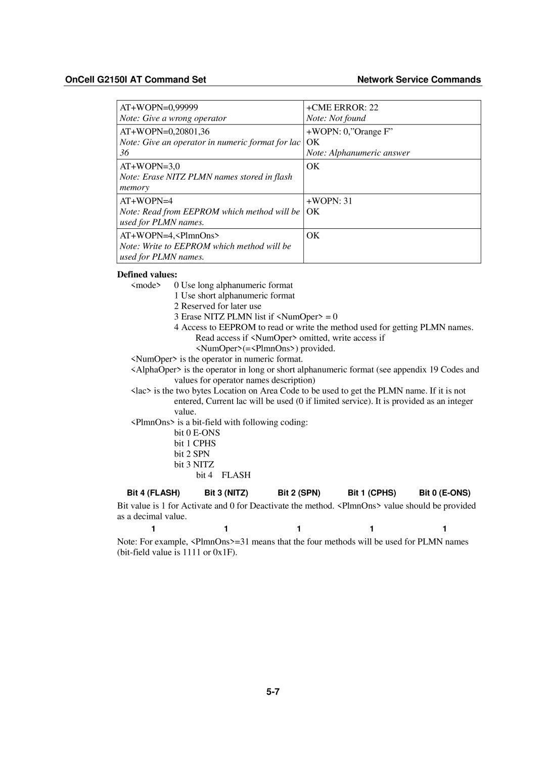 Moxa Technologies G2150I manual AT+WOPN=3,0, Memory, AT+WOPN=4, Used for Plmn names 