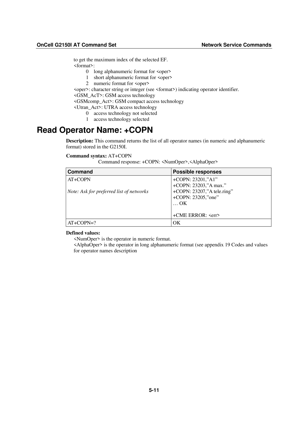 Moxa Technologies G2150I manual Read Operator Name +COPN, Command syntax AT+COPN, At+Copn=? 