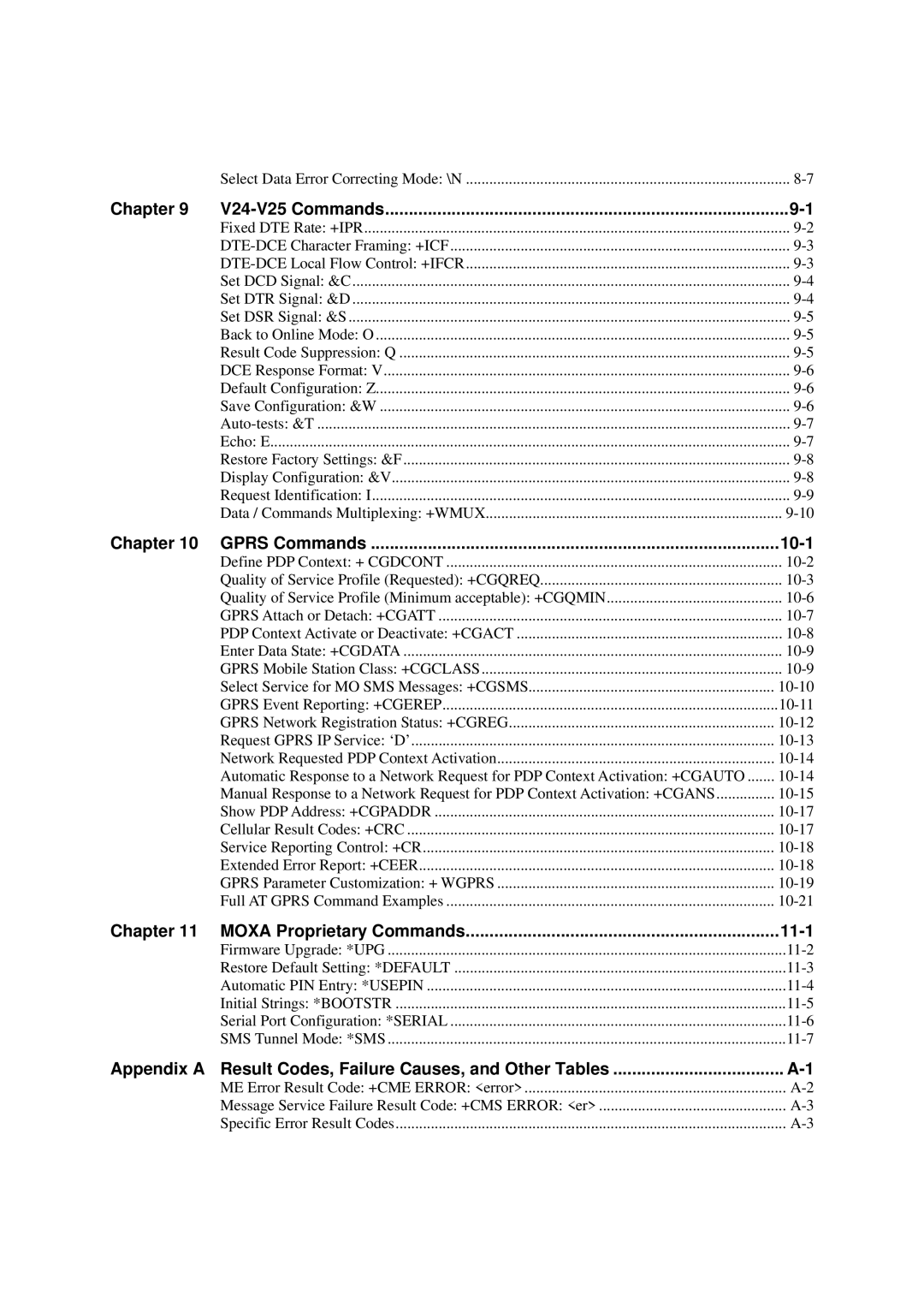 Moxa Technologies G2150I manual Chapter V24-V25 Commands, Result Codes, Failure Causes, and Other Tables 