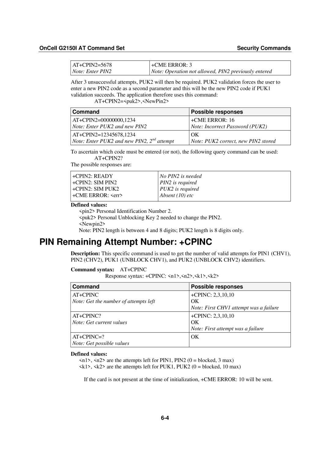 Moxa Technologies G2150I manual PIN Remaining Attempt Number +CPINC, Command syntax AT+CPINC 