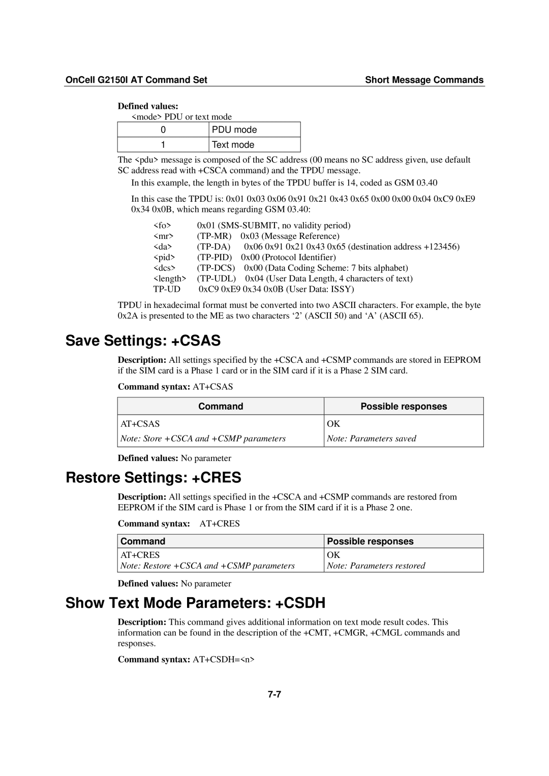 Moxa Technologies G2150I manual Save Settings +CSAS, Restore Settings +CRES, Show Text Mode Parameters +CSDH 