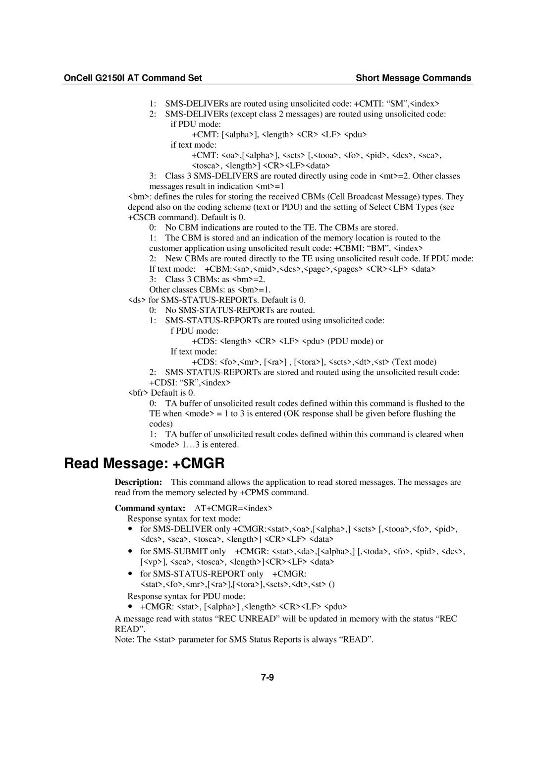 Moxa Technologies G2150I manual Read Message +CMGR, Command syntax AT+CMGR=index Response syntax for text mode 