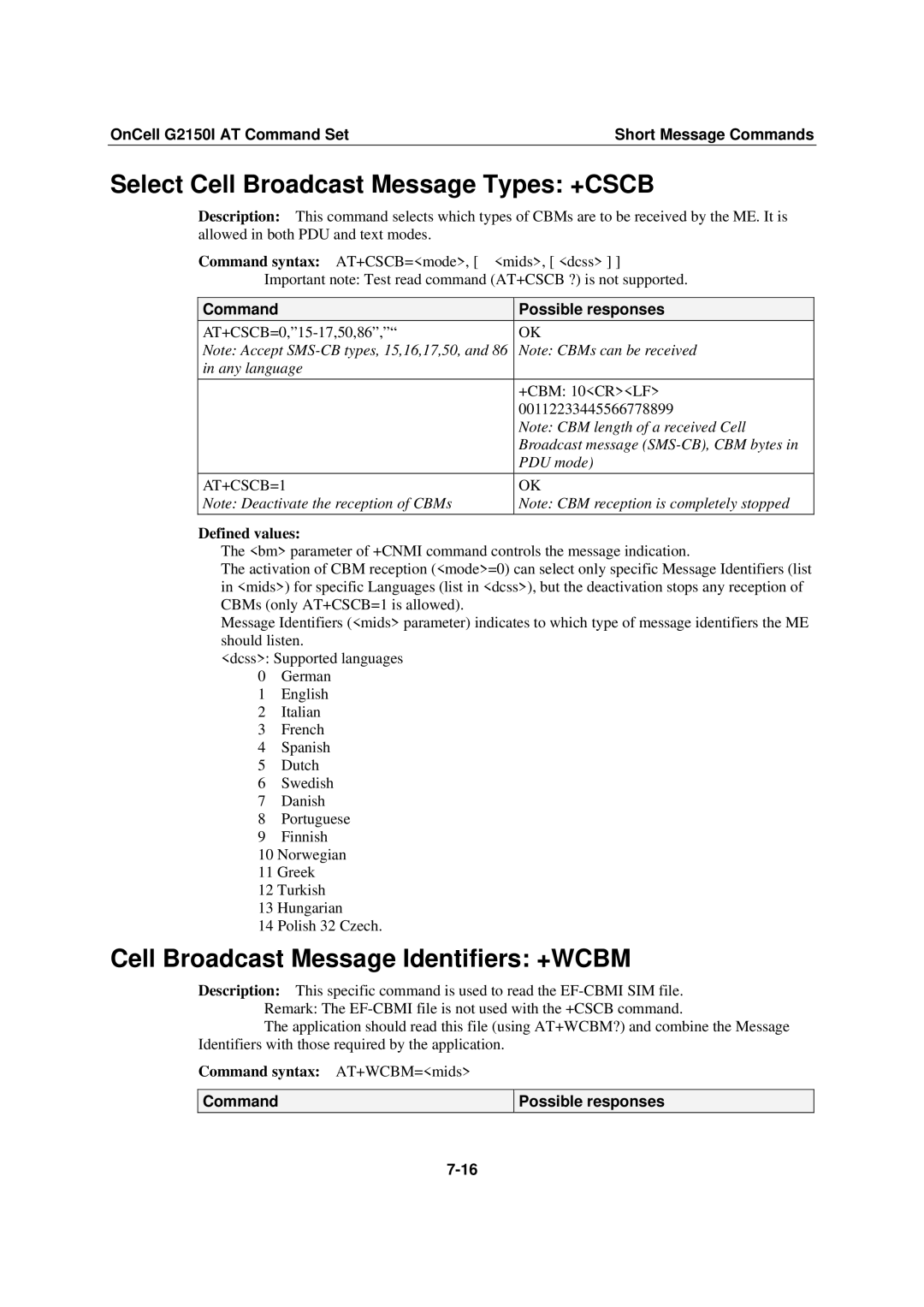 Moxa Technologies G2150I manual Select Cell Broadcast Message Types +CSCB, Cell Broadcast Message Identifiers +WCBM 