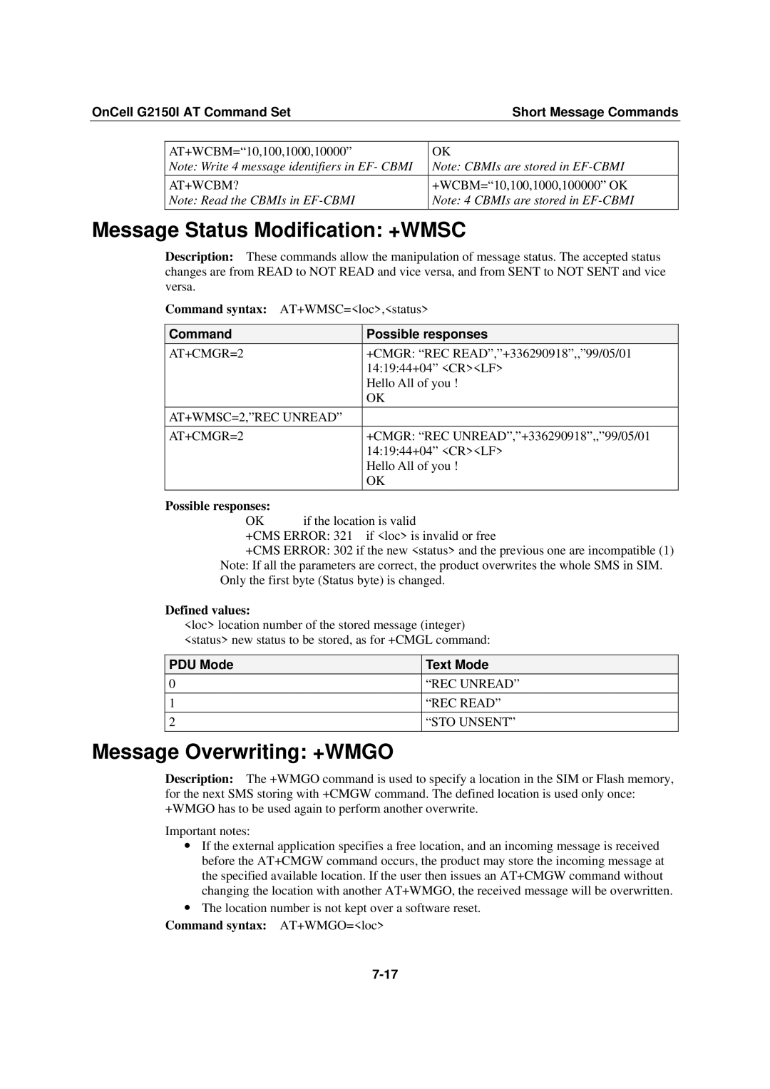 Moxa Technologies G2150I manual Message Status Modification +WMSC, Message Overwriting +WMGO, Possible responses 