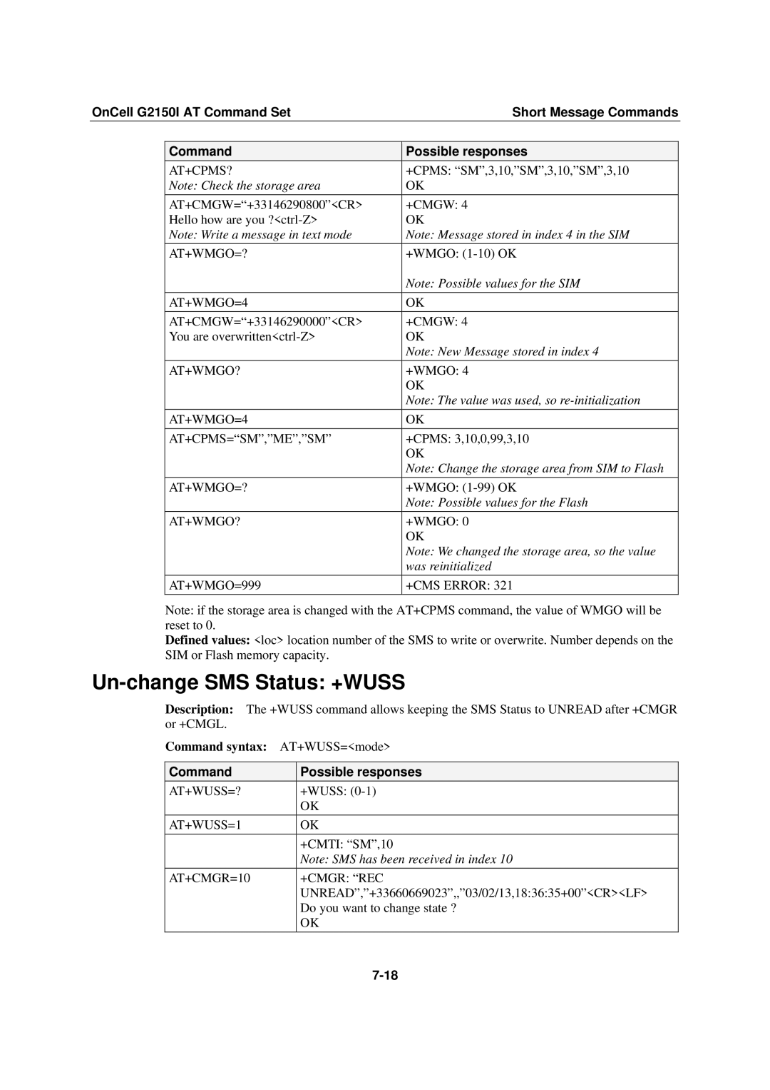 Moxa Technologies G2150I manual Un-change SMS Status +WUSS, Was reinitialized 