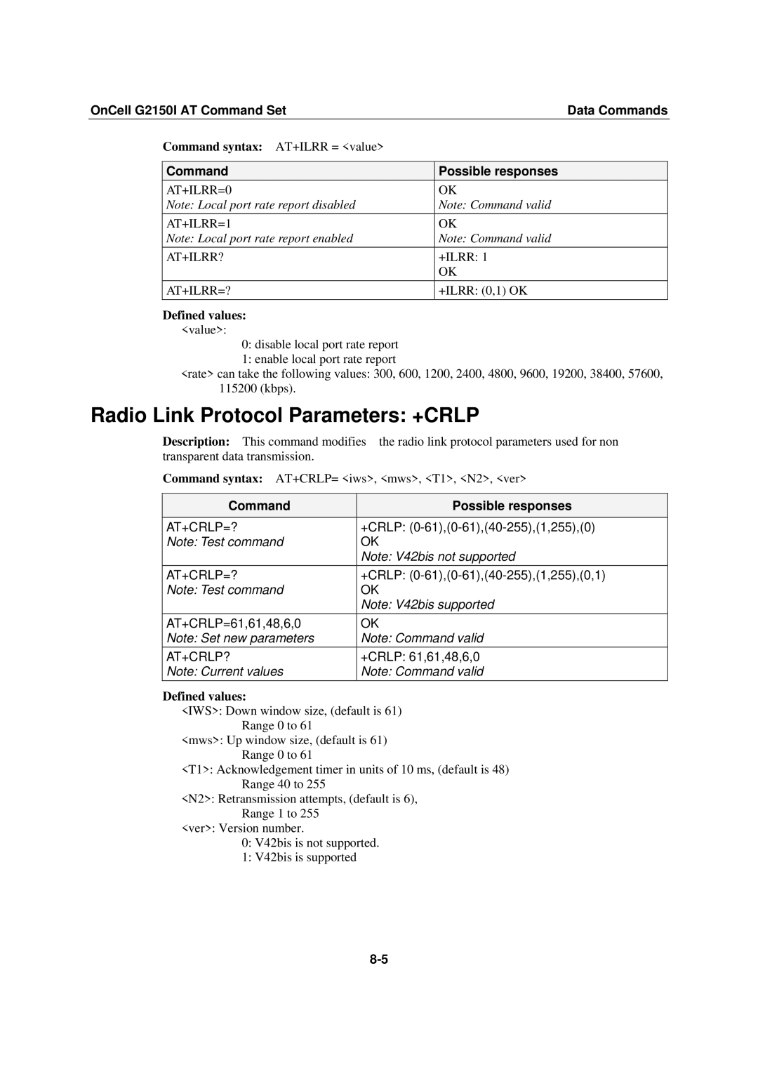 Moxa Technologies G2150I manual Radio Link Protocol Parameters +CRLP, AT+ILRR=0 AT+ILRR=1 AT+ILRR?, At+Ilrr=? 