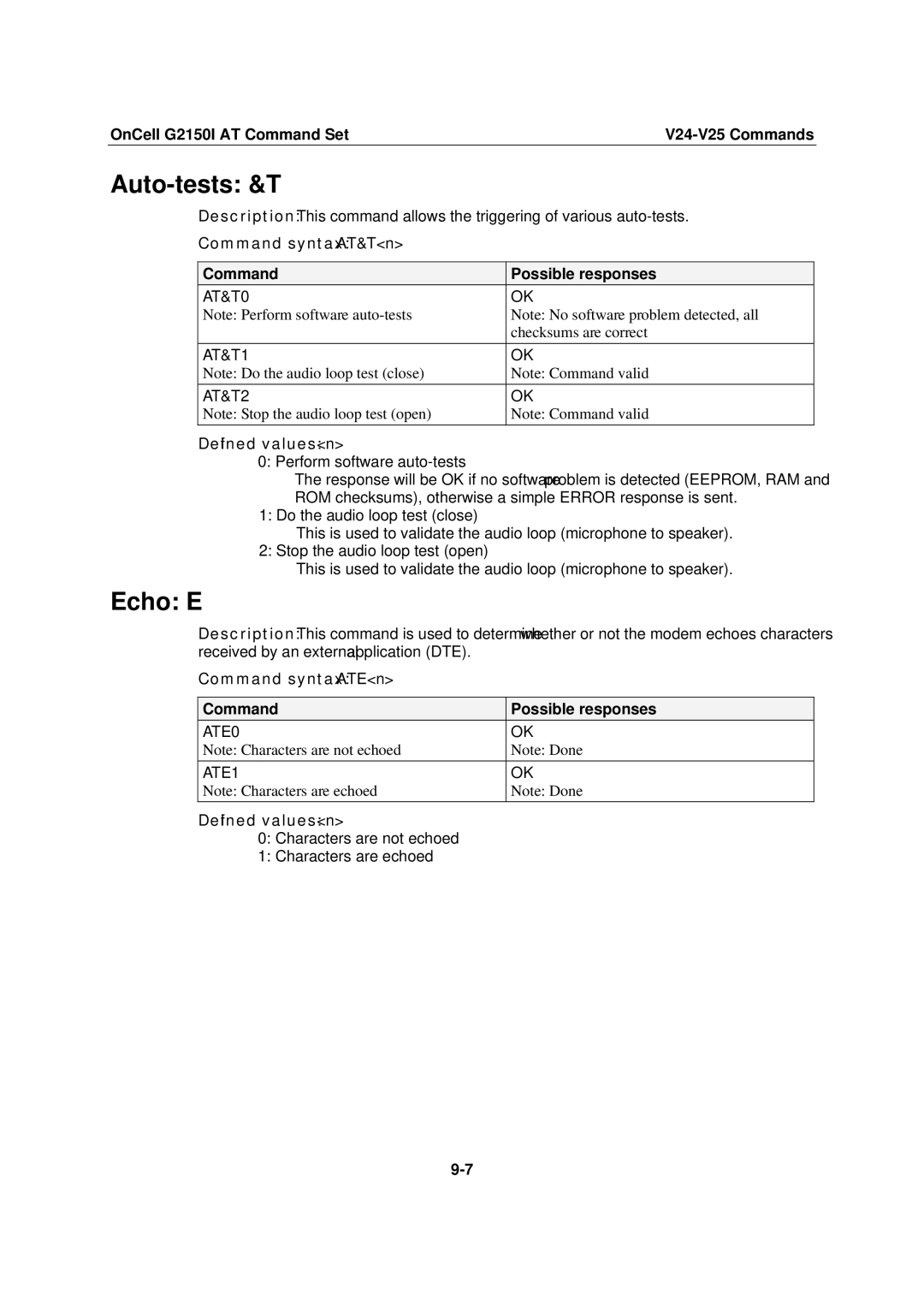 Moxa Technologies manual Auto-tests &T, Echo E, OnCell G2150I AT Command SetV24-V25 Commands, Command syntax AT&Tn 