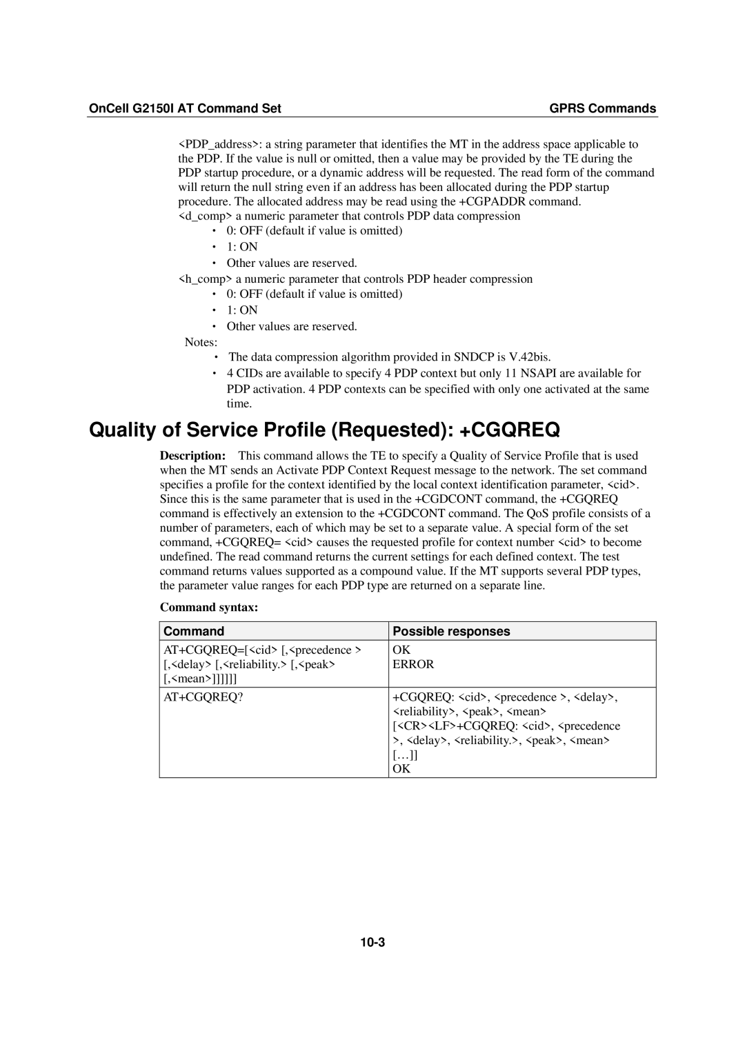 Moxa Technologies G2150I manual Quality of Service Profile Requested +CGQREQ, At+Cgqreq?, 10-3 