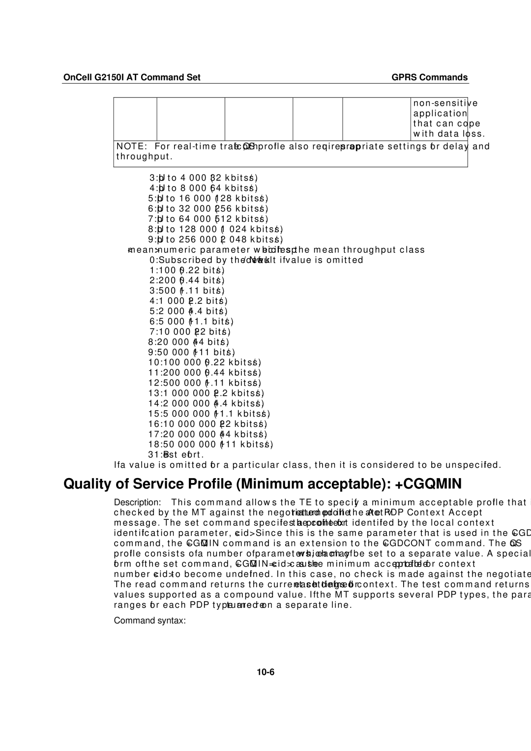 Moxa Technologies G2150I manual Quality of Service Profile Minimum acceptable +CGQMIN, 10-6 