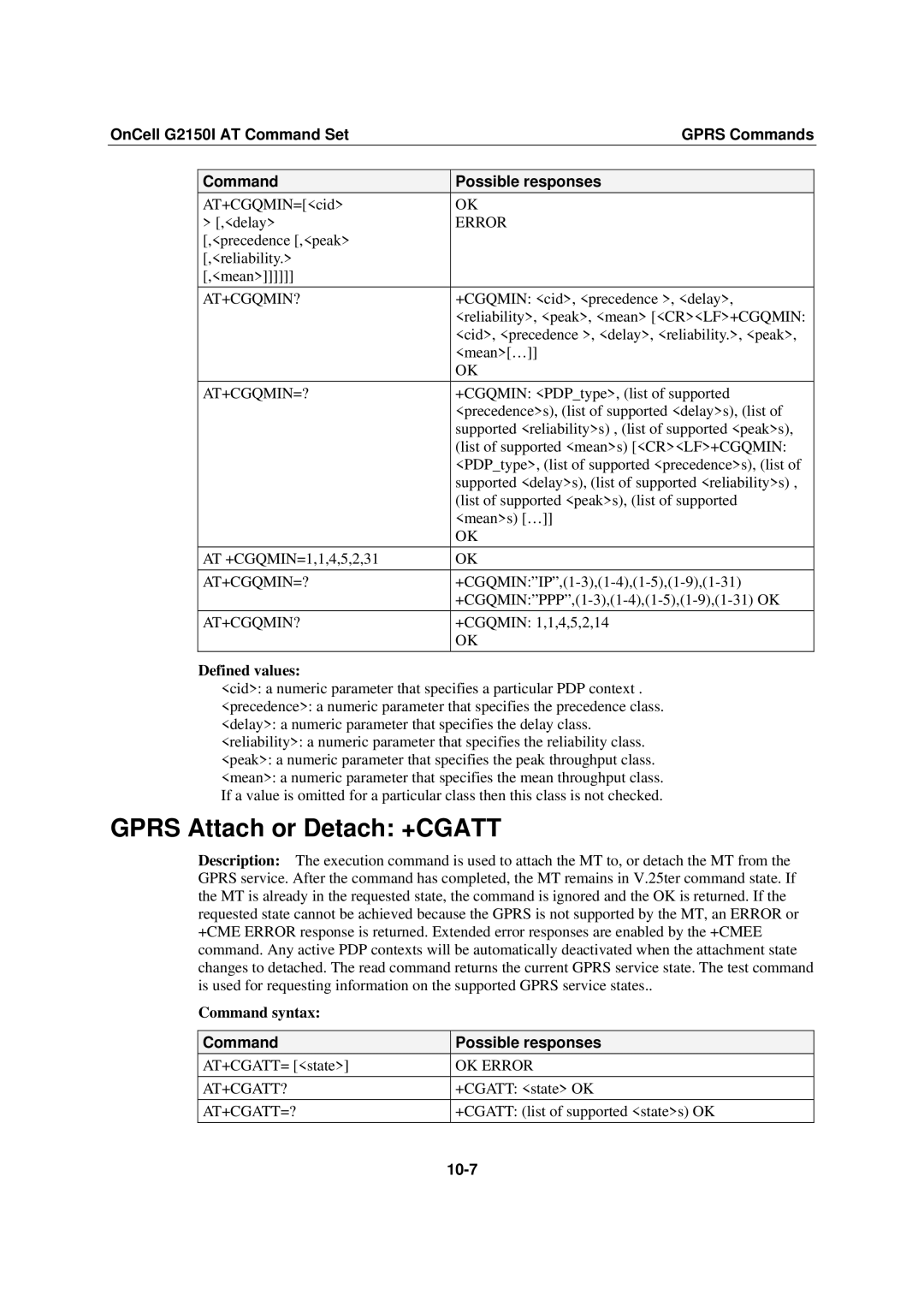 Moxa Technologies G2150I manual Gprs Attach or Detach +CGATT, 10-7 