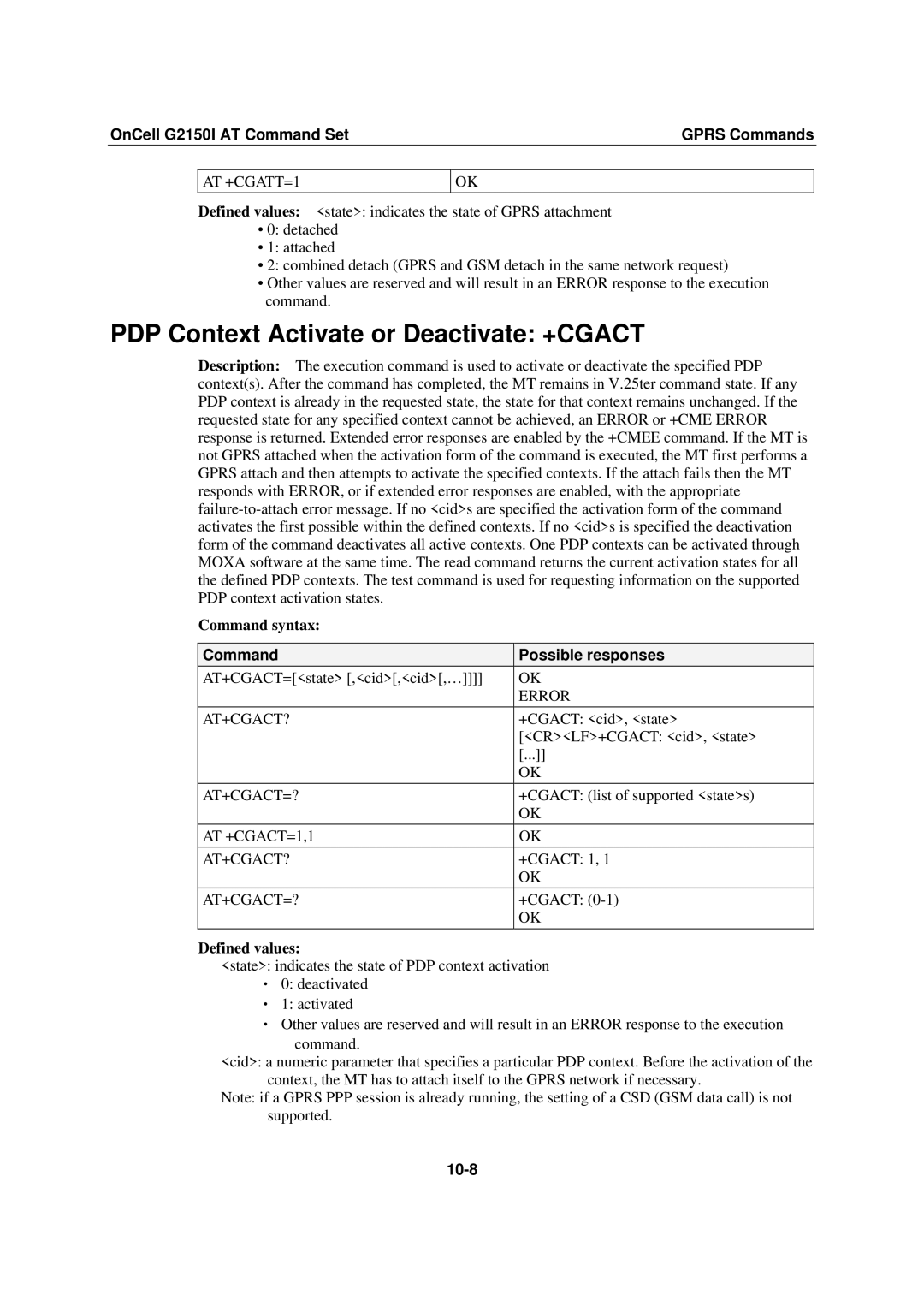 Moxa Technologies G2150I manual PDP Context Activate or Deactivate +CGACT, 10-8 