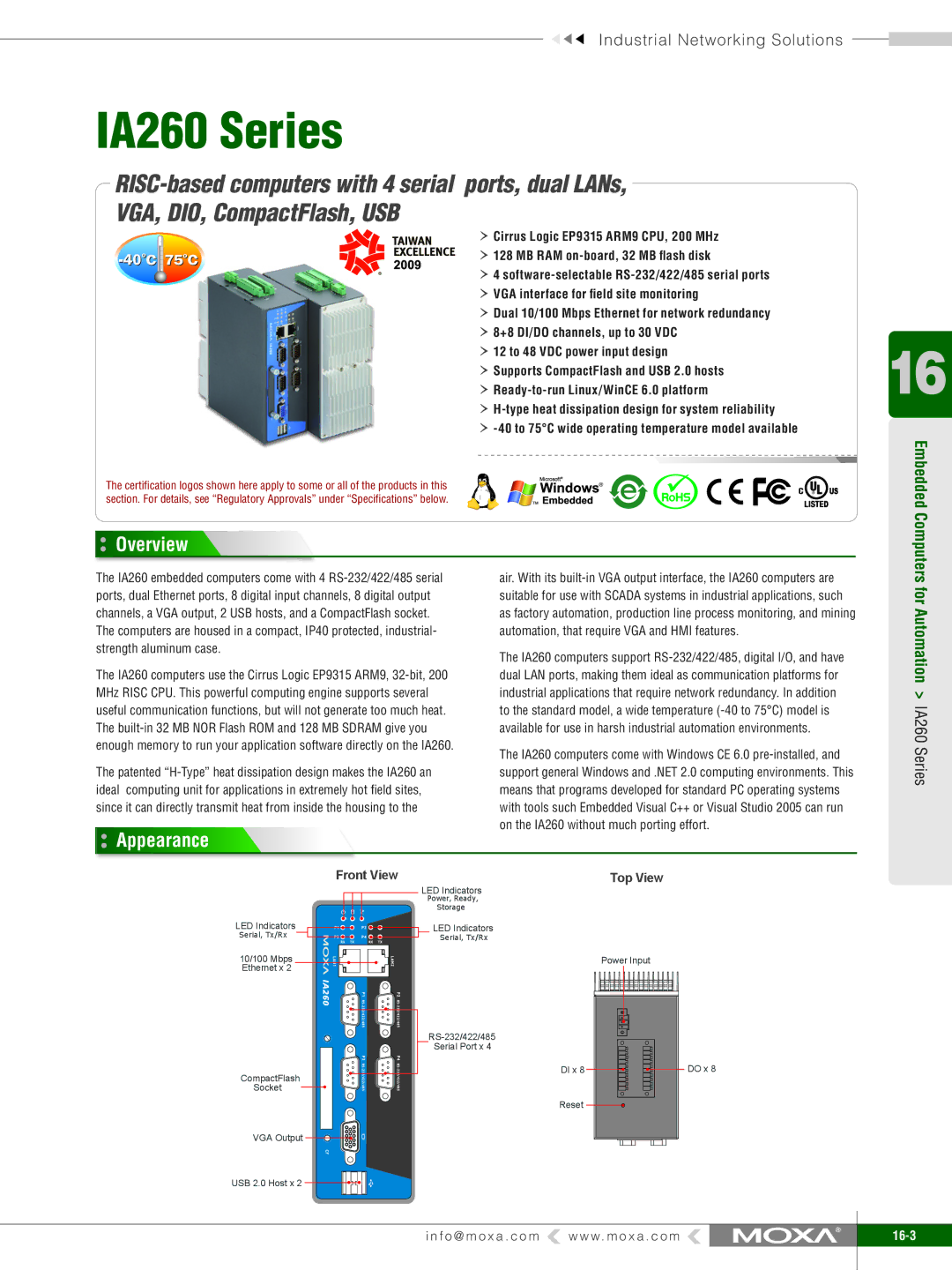 Moxa Technologies specifications Overview, Appearance, Embedded Computers for Automation IA260 Series 