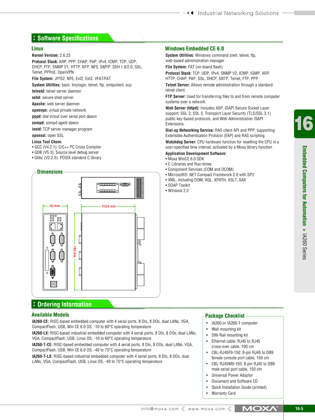 Moxa Technologies IA260 specifications Software Speciﬁcations, Ordering Information 