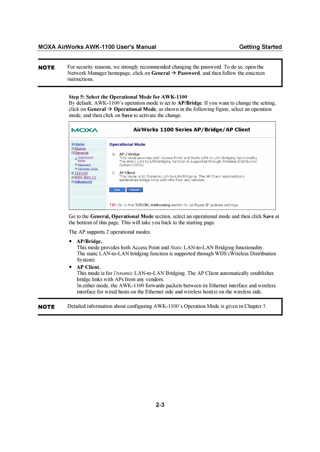 Moxa Technologies MOXA AirWorks user manual Select the Operational Mode for AWK-1100, AP/Bridge, AP Client 