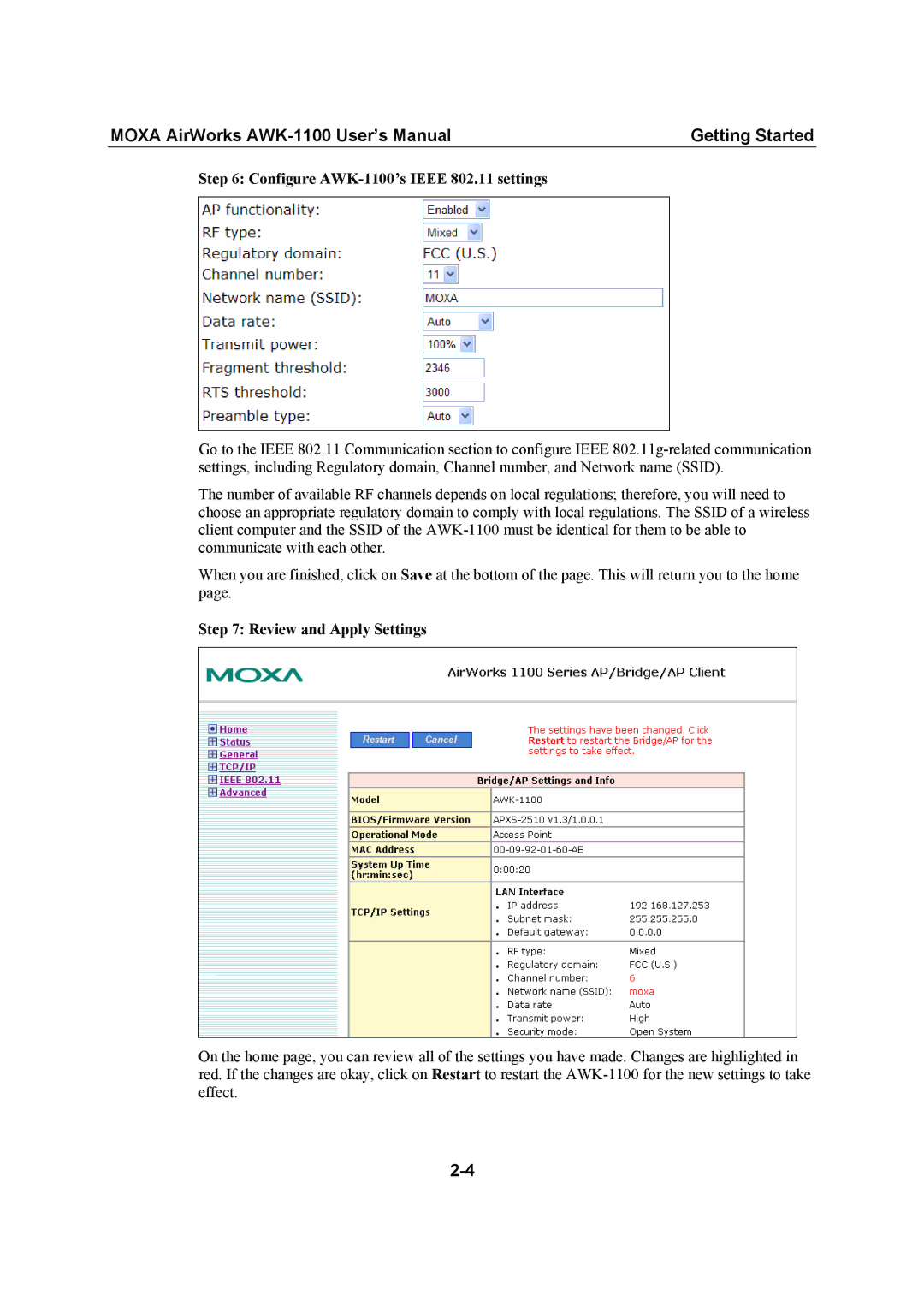 Moxa Technologies MOXA AirWorks user manual Configure AWK-1100’s Ieee 802.11 settings, Review and Apply Settings 