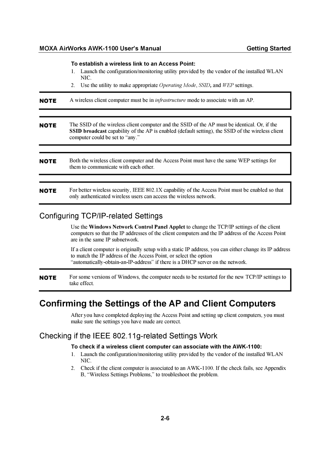 Moxa Technologies MOXA AirWorks, AWK-1100 user manual Confirming the Settings of the AP and Client Computers 