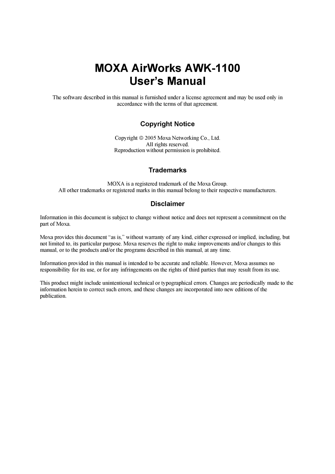 Moxa Technologies MOXA AirWorks, AWK-1100 user manual Copyright Notice, Trademarks, Disclaimer 