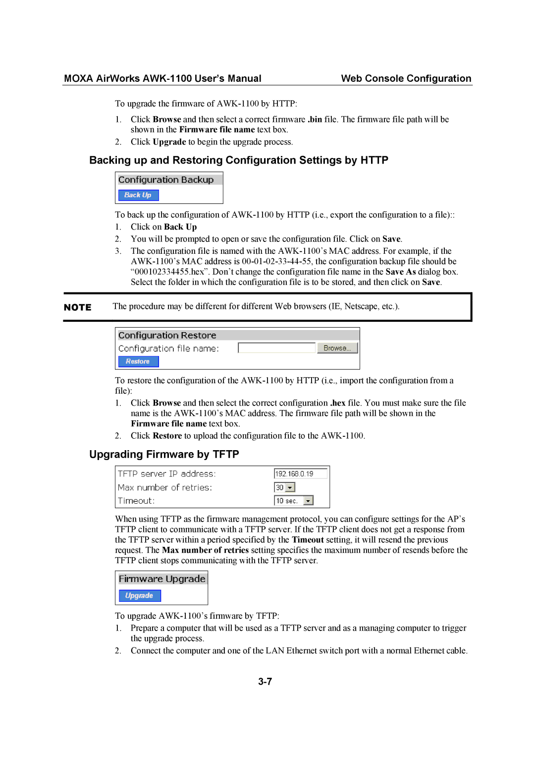 Moxa Technologies AWK-1100 user manual Backing up and Restoring Configuration Settings by Http, Upgrading Firmware by Tftp 