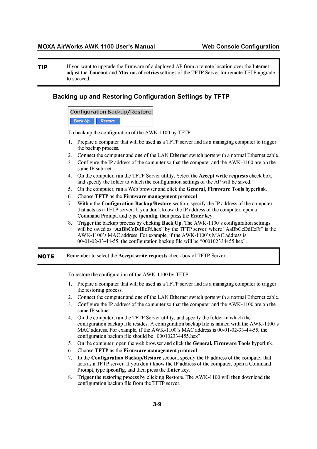 Moxa Technologies AWK-1100, MOXA AirWorks user manual Backing up and Restoring Configuration Settings by Tftp 