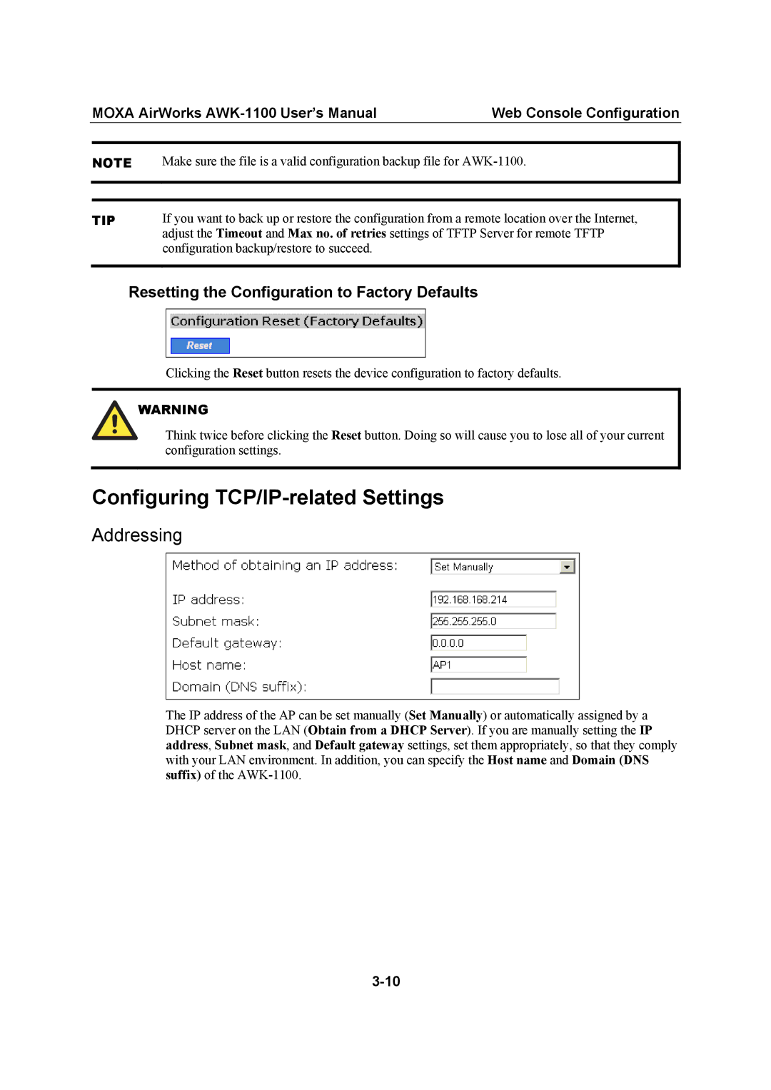 Moxa Technologies MOXA AirWorks, AWK-1100 user manual Configuring TCP/IP-related Settings, Addressing 