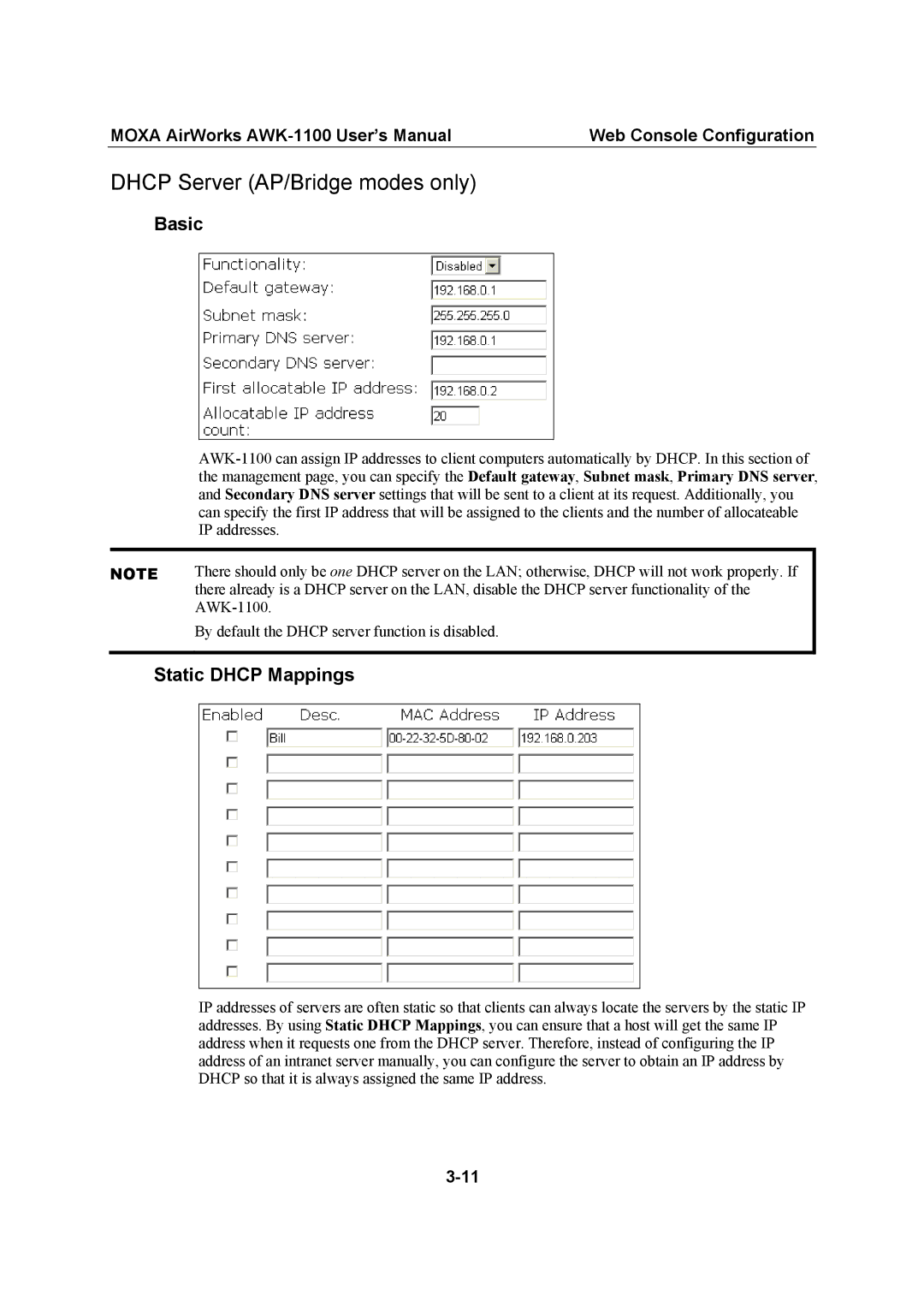 Moxa Technologies AWK-1100, MOXA AirWorks user manual Dhcp Server AP/Bridge modes only, Basic, Static Dhcp Mappings 