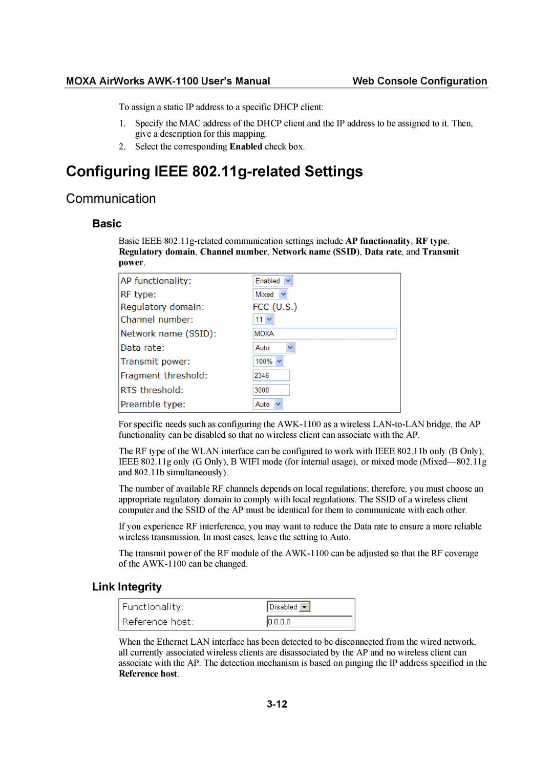 Moxa Technologies MOXA AirWorks, AWK-1100 Configuring Ieee 802.11g-related Settings, Communication, Link Integrity 