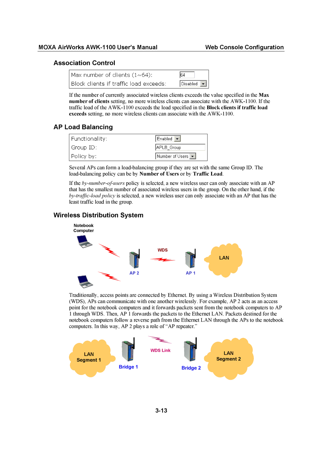 Moxa Technologies AWK-1100, MOXA AirWorks user manual Association Control, AP Load Balancing, Wireless Distribution System 