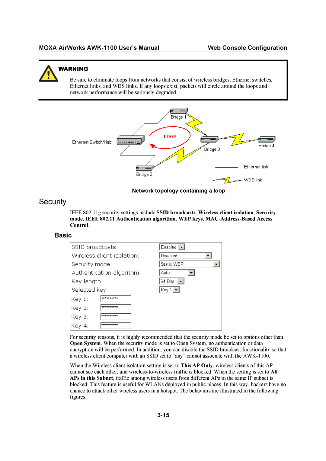 Moxa Technologies AWK-1100, MOXA AirWorks user manual Security, Basic 