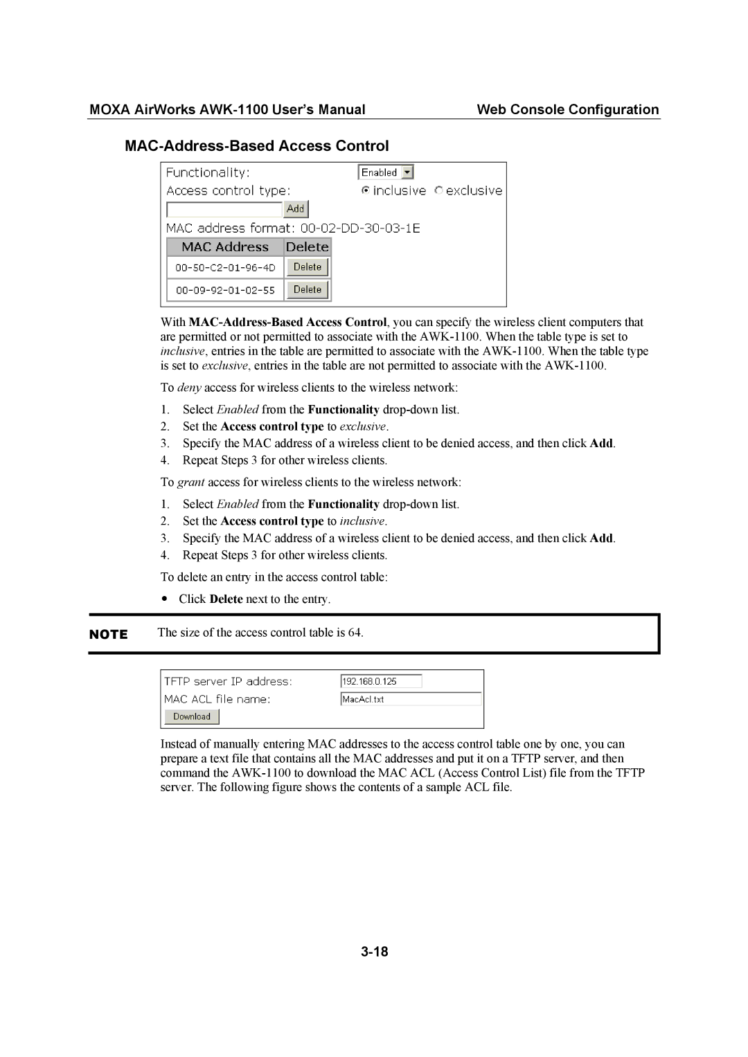 Moxa Technologies MOXA AirWorks, AWK-1100 MAC-Address-Based Access Control, Set the Access control type to exclusive 