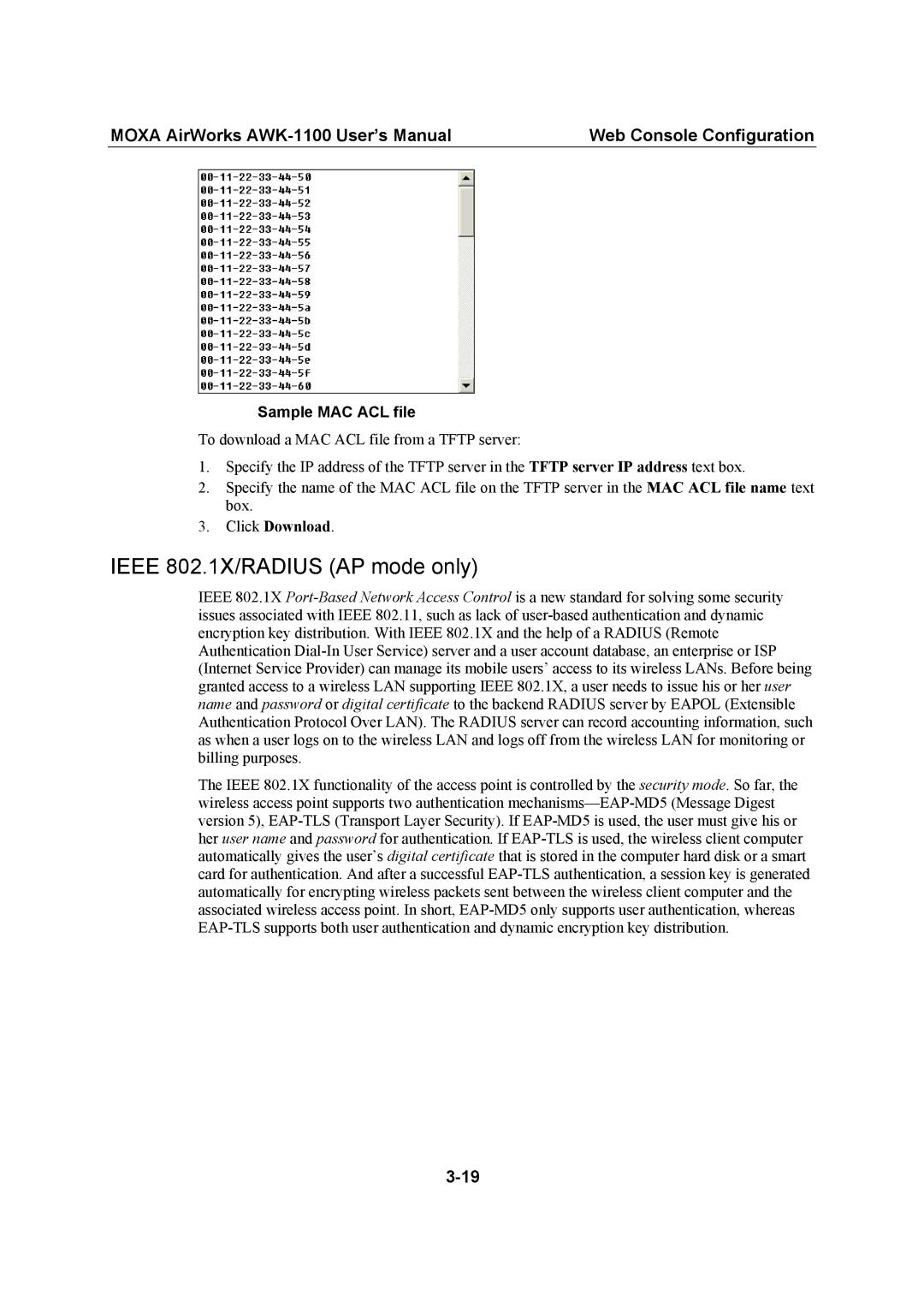 Moxa Technologies AWK-1100, MOXA AirWorks user manual Ieee 802.1X/RADIUS AP mode only, Click Download 